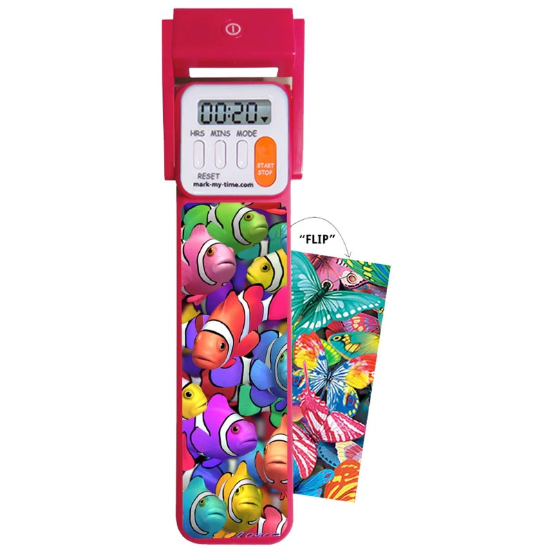 Mark-My-Time Digital Bookmark and LED Light - Timer and Bookmark for Kids with LED Book Light, Cool Bookmarks and Reading Incentives, Christmas Gift & Stocking Stuffer - 3D Flip Clownfish/Butterfly - Image 1